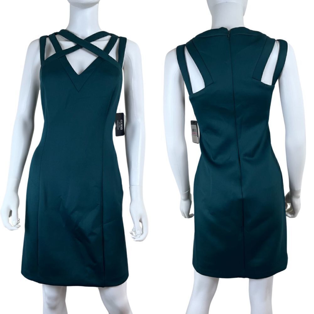 Guess Size 10 Green Strappy Scuba Bodycon Modern Holiday Party Mini NEW Dress